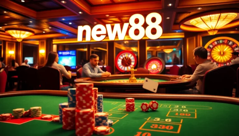 Experience the thrill of new88 at a lively casino with vibrant poker tables, colorful chips, and an exciting roulette wheel.