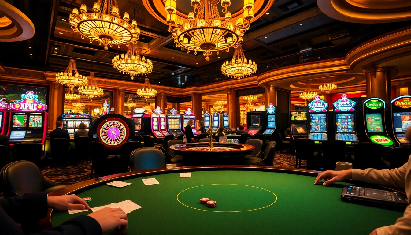 Players engage at a poker table in a vibrant casino, showcasing 32win's exciting gambling atmosphere.