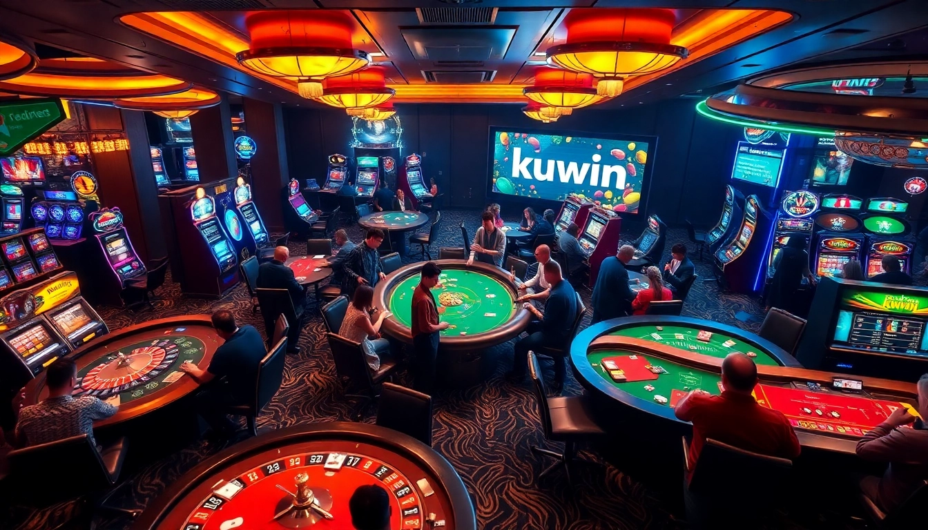 Kuwin online casino players engaging with lively table games and colorful slot machines in a vibrant environment.