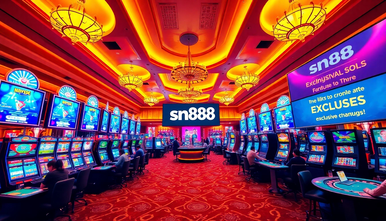 Experience thrilling gameplay at sn88, featuring vibrant slot machines, excited players, and luxurious casino decor.