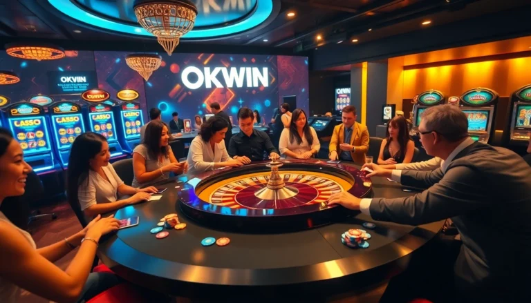 Experience the excitement of OKWIN gambling with a lively roulette table surrounded by eager players.