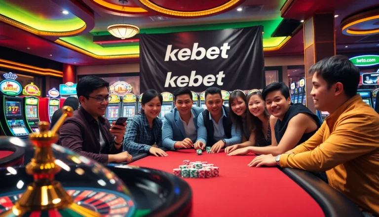 Players celebrating at a kebet com poker table, surrounded by casinos' vibrant atmosphere and winning poker chips.