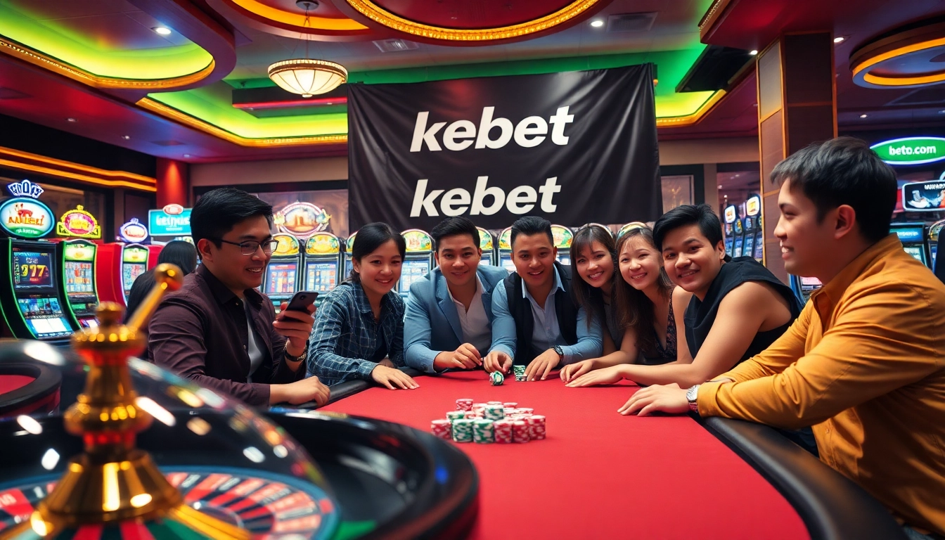 Players celebrating at a kebet com poker table, surrounded by casinos' vibrant atmosphere and winning poker chips.