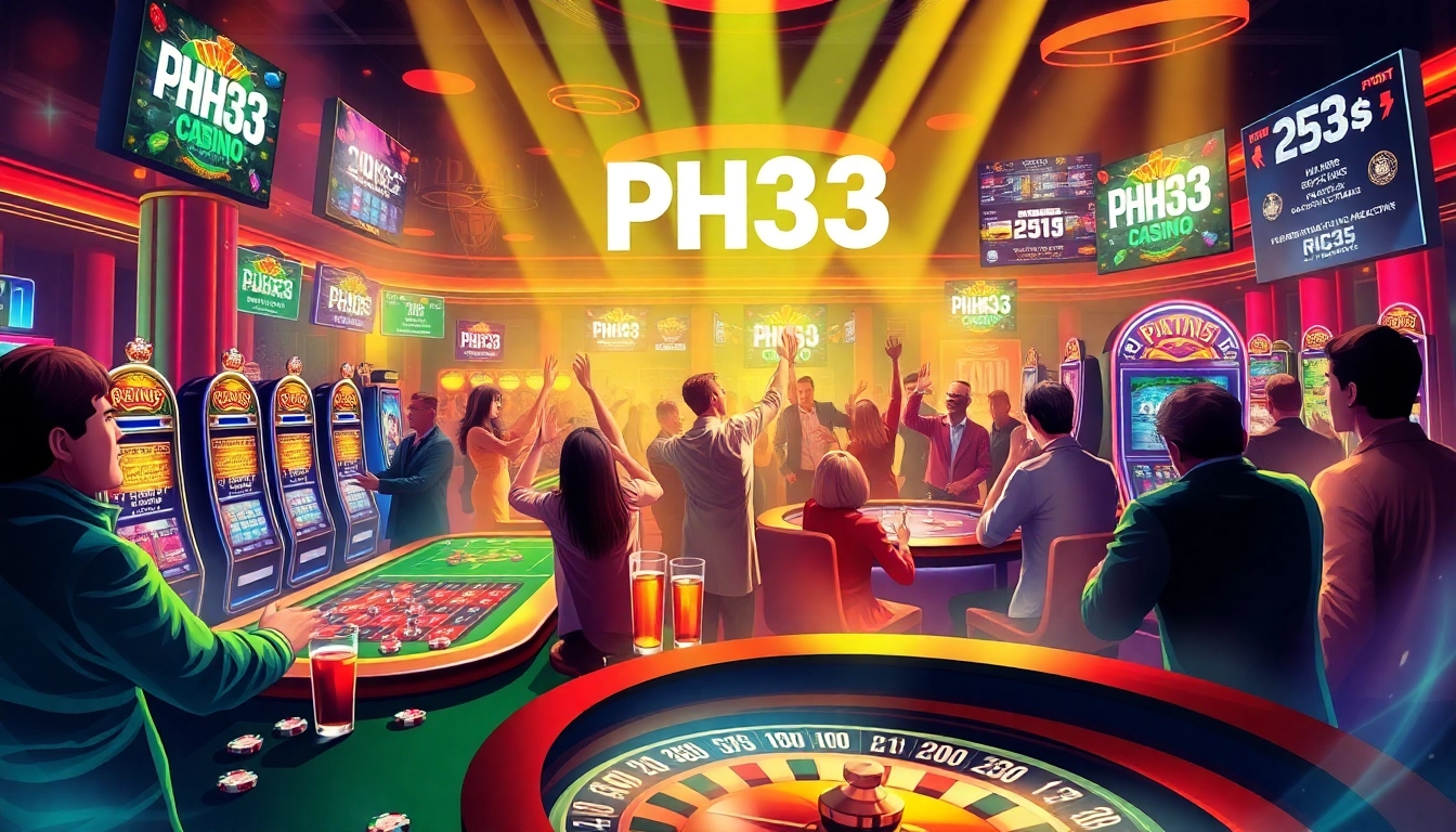 PH33 Casino showcases thrilling gaming action with vibrant slot machines, poker tables, and excited players.