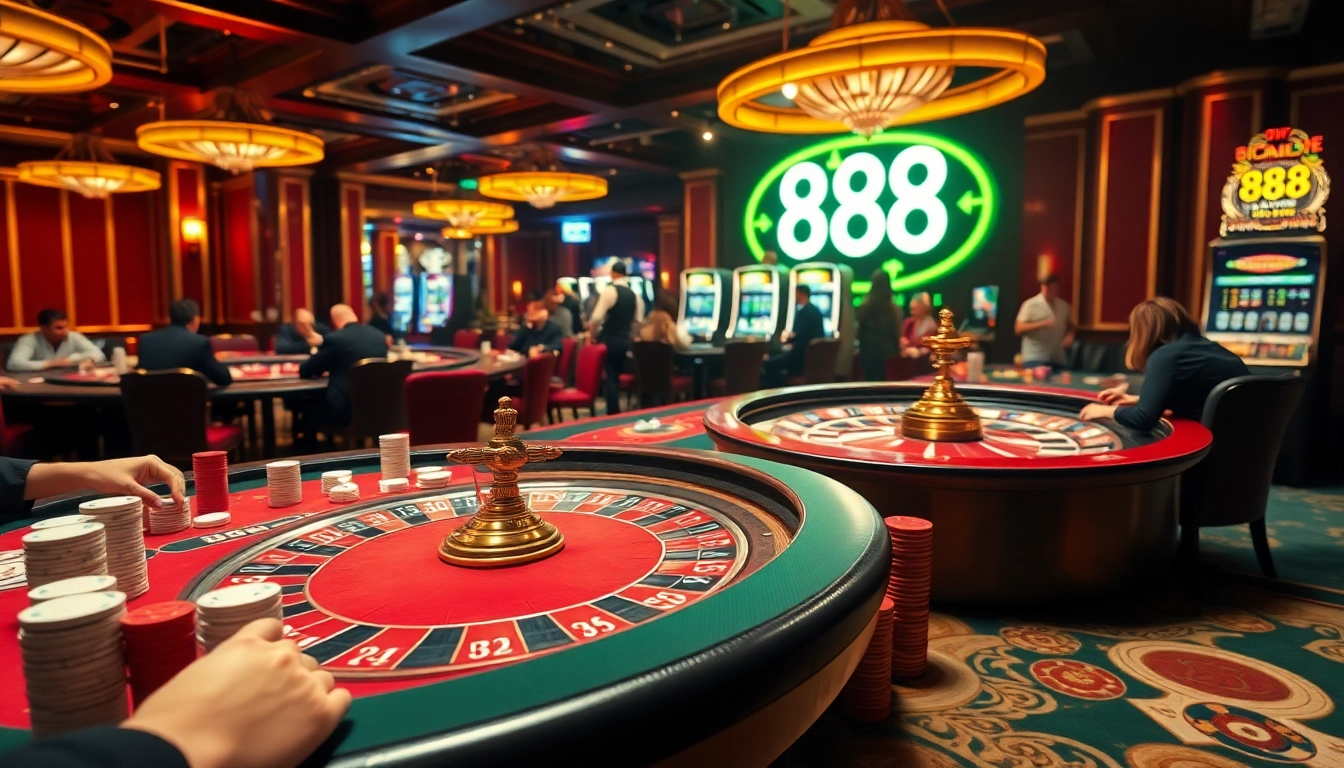 Capture the thrill of high-stakes gameplay at 888 B with poker tables and roulette wheels bustling with excitement.