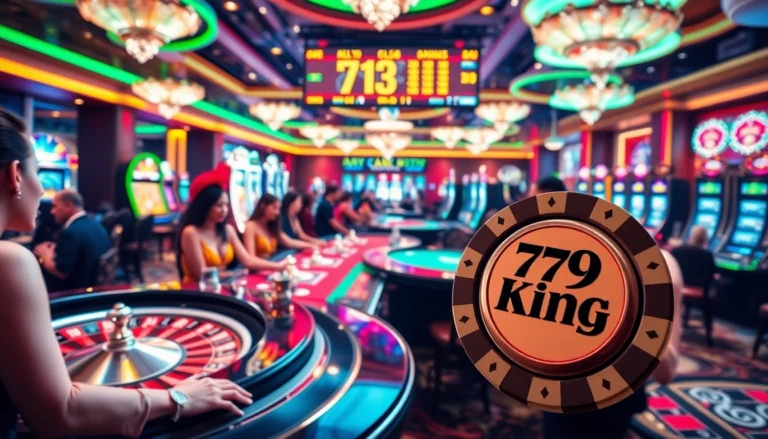 Players at a luxurious casino with 79 King-themed poker chips winning big at the tables.