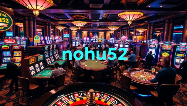 nohu52 casino floor bustling with players at gaming tables and lively slot machines.