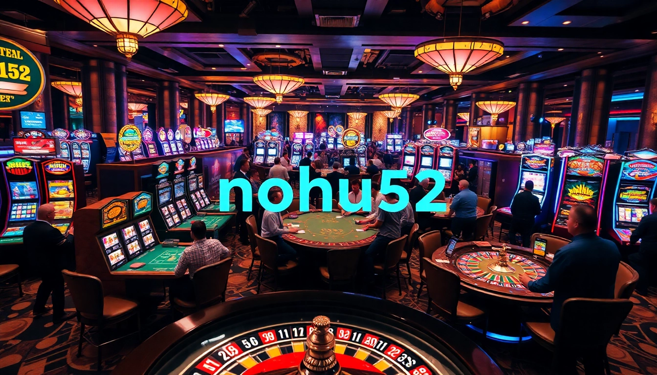 nohu52 casino floor bustling with players at gaming tables and lively slot machines.