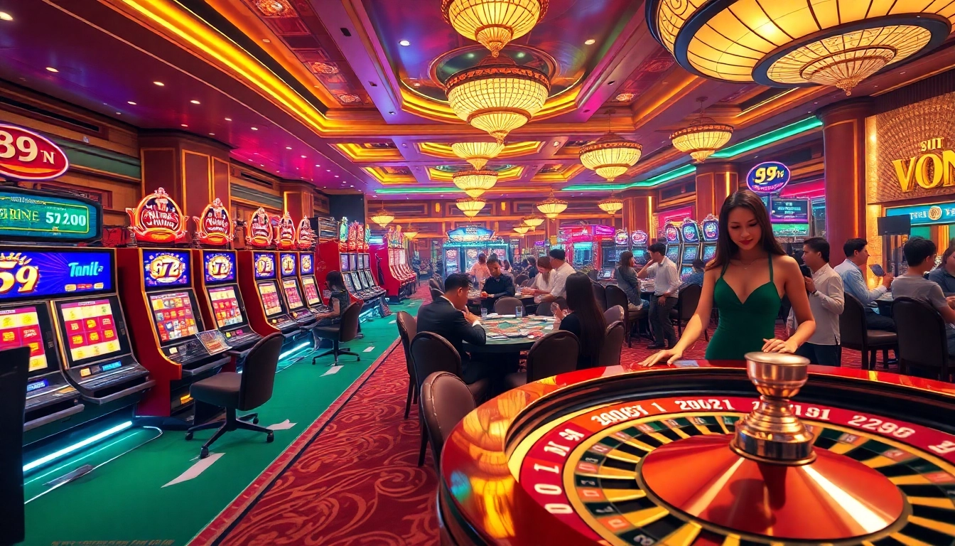 Players experiencing the excitement of 69 VN casino, surrounded by vibrant slot machines and lively poker games.