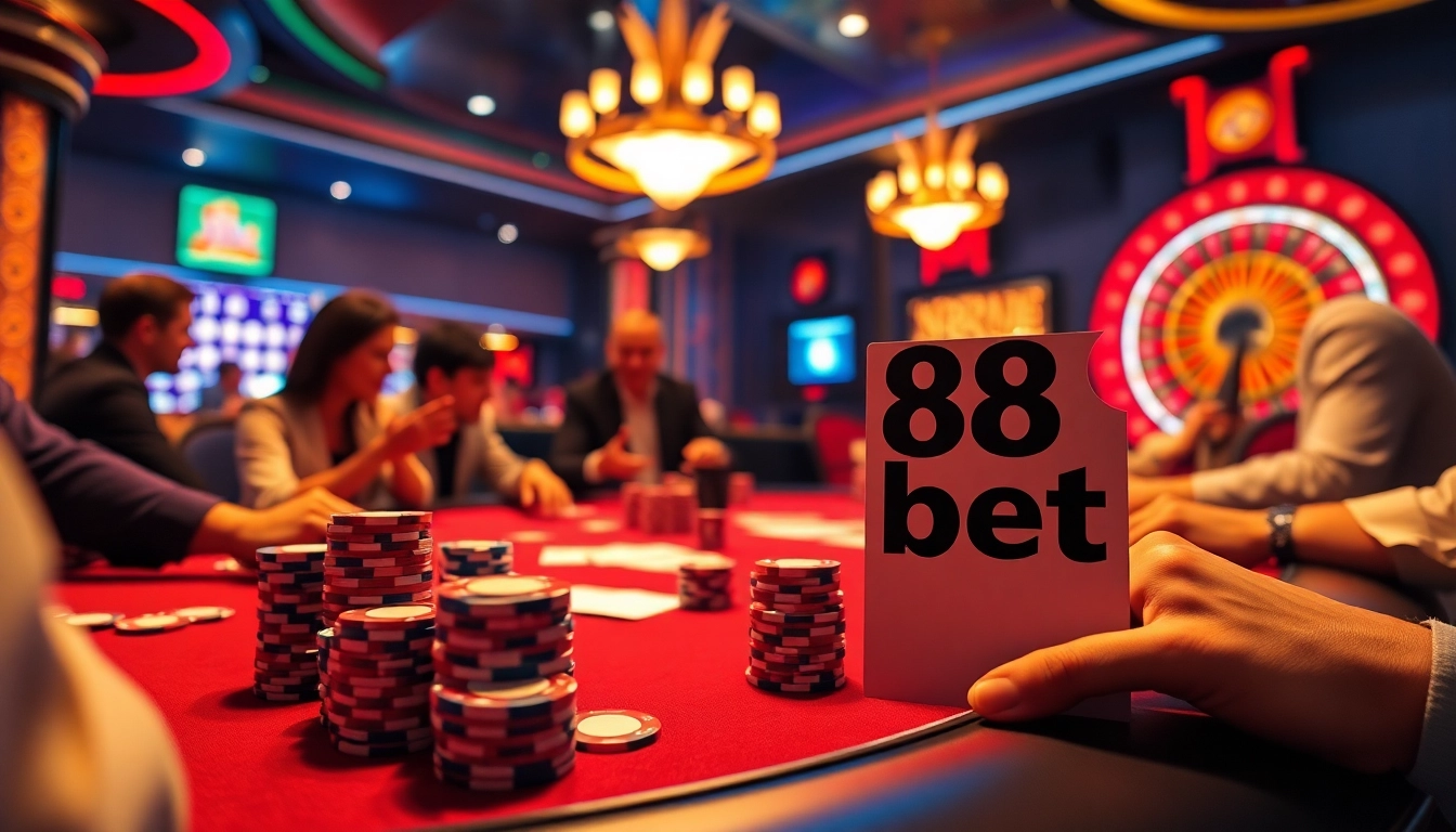88 bet players enjoying a thrilling game of Poker with vibrant chips and cards, illuminating the energy of the casino scene.