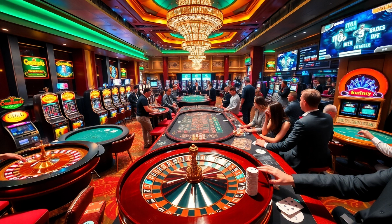 kuwin casino featuring players at roulette tables and vibrant slot machines.