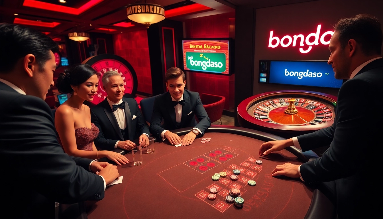 Gamblers enjoy a thrilling moment at a blackjack table in a luxurious casino, with "bongdaso" integrated into the scoreboard.