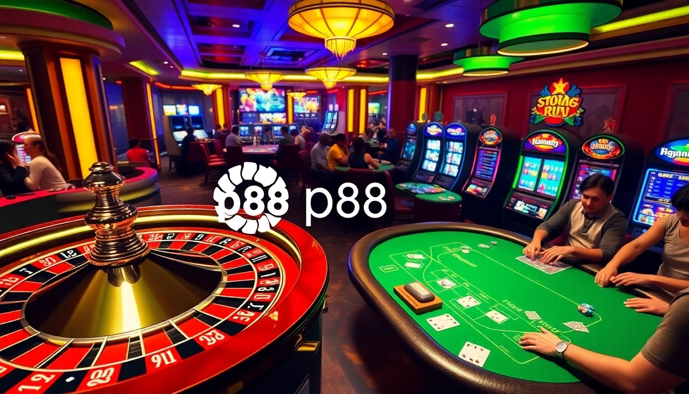 Players at pg88 Casino fervently engage with roulette and poker, surrounded by vibrant slot machines.