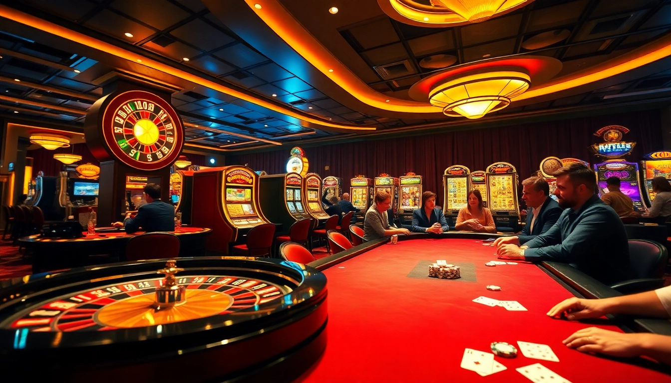 Experience the thrill of f8bet at a bustling casino with poker tables and vibrant slot machines in action.