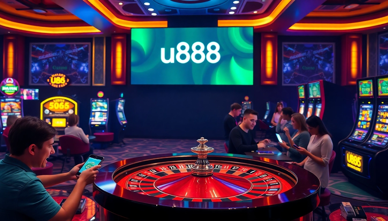 Experience the thrill of u888 at a vibrant online casino with dazzling slot machines and an animated roulette wheel.