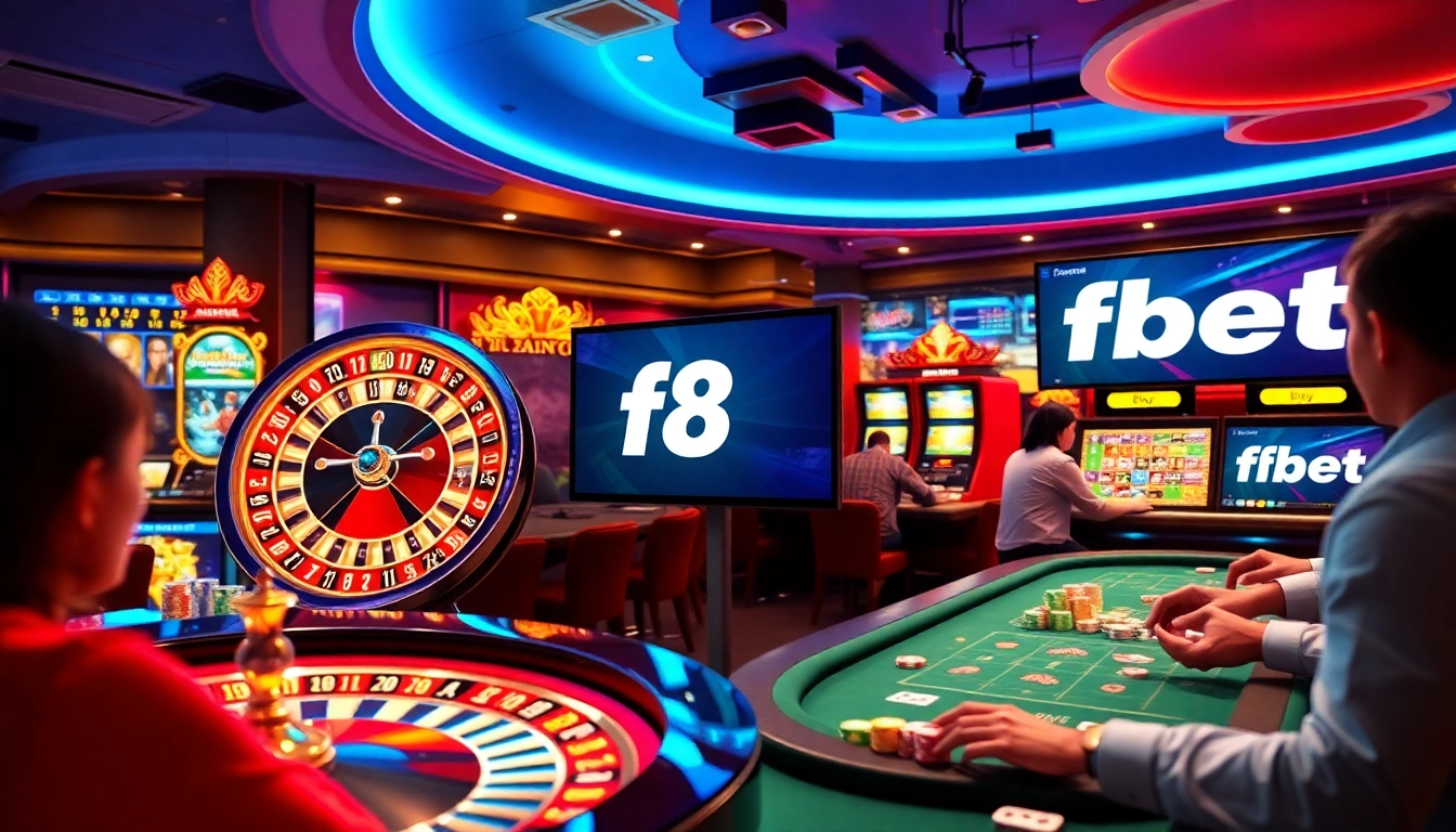 Observe players winning at a digital casino featuring f8 bet on screens, capturing a vibrant gambling atmosphere.