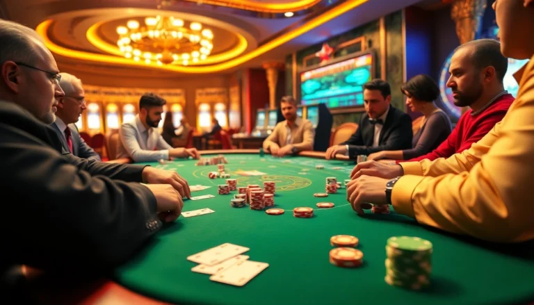 Experience the thrill of poker at https://ea77.lat/ with players engaging in a high-stakes game surrounded by vibrant casino decor.