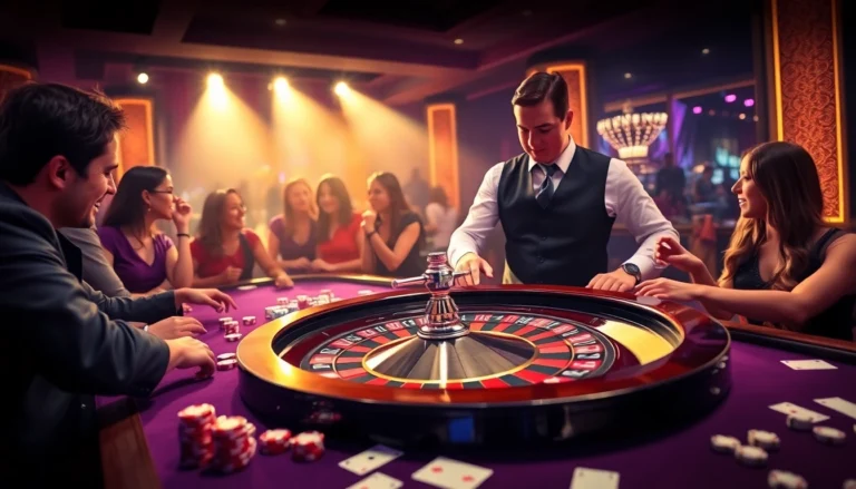 Experience the thrill of kp88 with colorful chips and a spinning roulette wheel in an upscale casino.